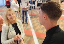 Marjorie Lund speaks with engineering student